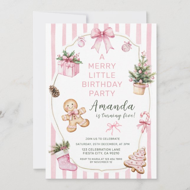 A Merry Little Christmas Birthday Party Girl Pink  Invitation (Front)