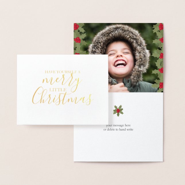 A Merry Little Christmas Holly Personalise Photo Foil Card (Display)