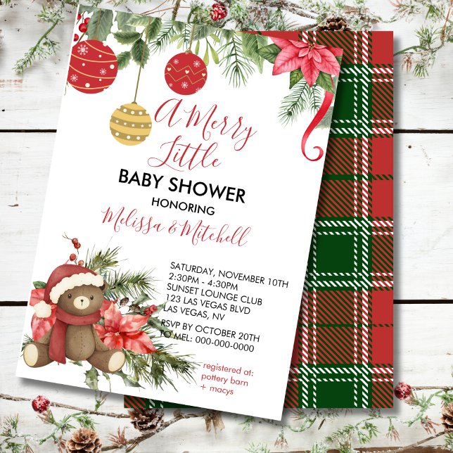 A merry little christmas teddy bear scarf ornament invitation (Creator Uploaded)