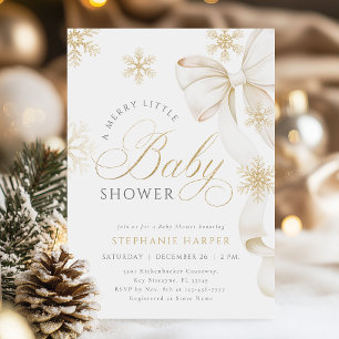 A Merry Little Gold Bow Baby Shower Invitation
