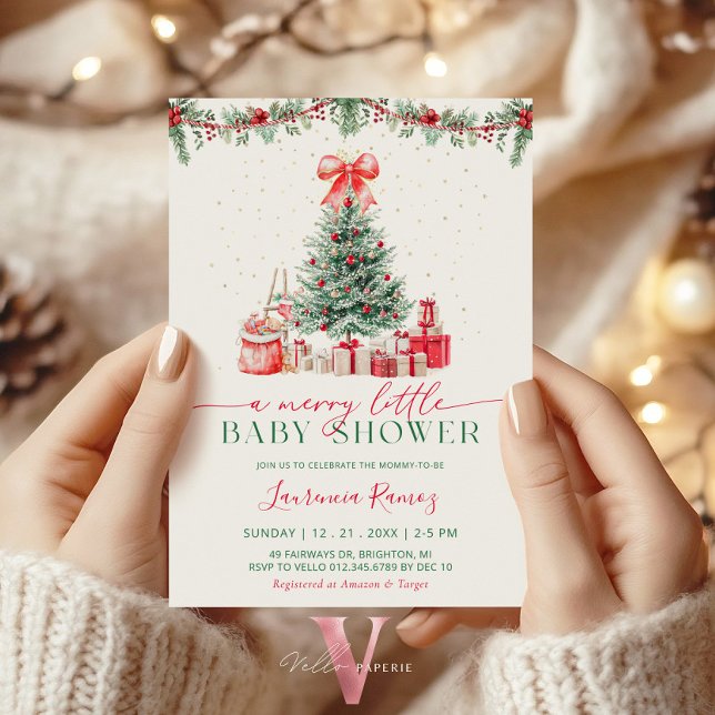 A Merry Little Holiday Christmas Tree Baby Shower Invitation (Creator Uploaded)