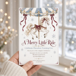A Merry Little Ride Blue Carousel Winter Birthday Invitation