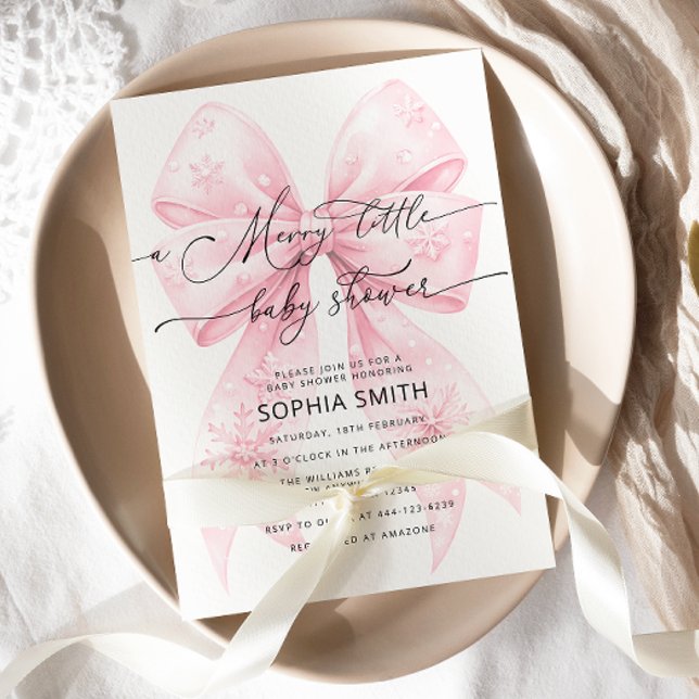 A Merry Little Winter Blush Pink Bow Baby Shower Invitation (Creator Uploaded)