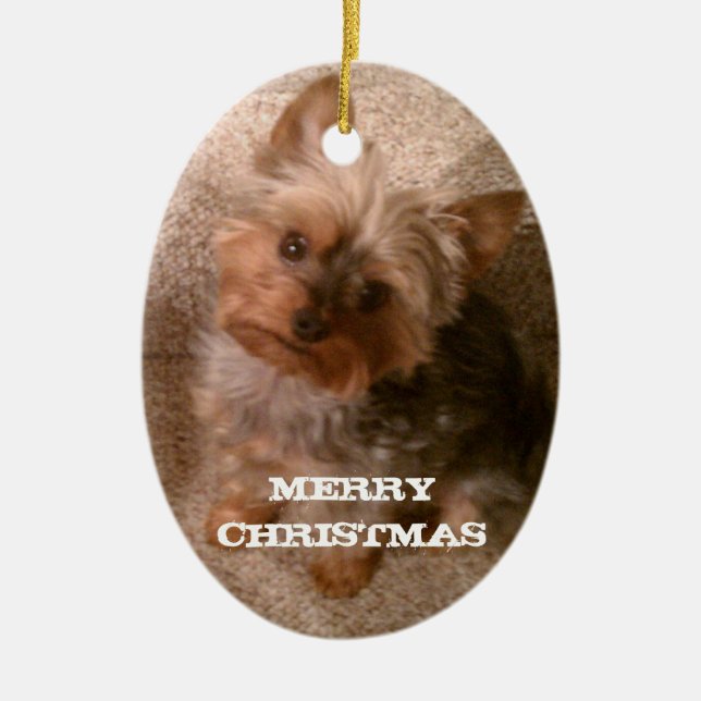 A Merry Yorkie Christmas Ceramic Tree Decoration (Front)