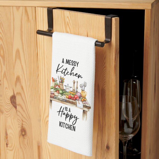 A Messy Kitchen is a Happy Kitchen Tea Towel (Thirds Fold)