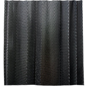 A metal criss-cross grid in undulating layers shower curtain