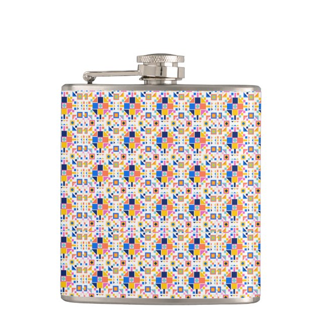 A metal flask is shown with a vibrant geometric  (Front)