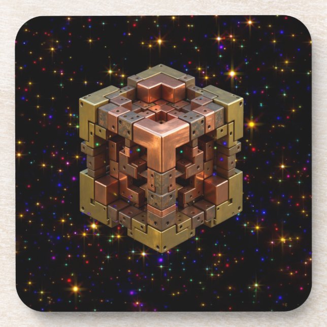 A Metallic Fractal Cube With Coloured Starbursts Coaster (Front)