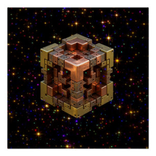 A Metallic Fractal Cube With Coloured Starbursts Poster