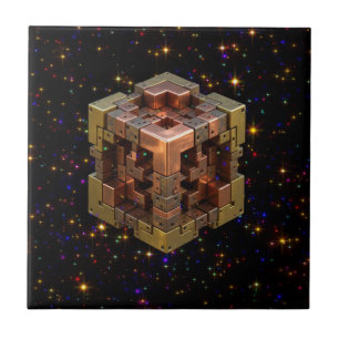 A Metallic Fractal Cube With Coloured Starbursts Tile