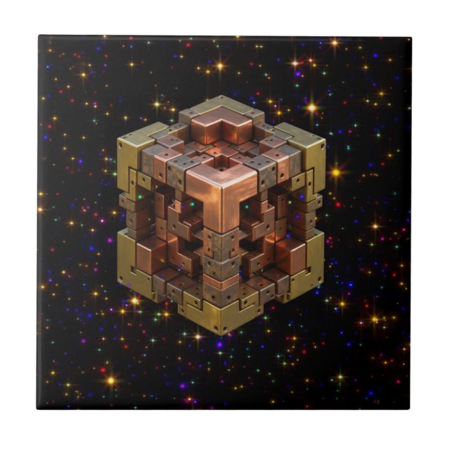 A Metallic Fractal Cube With Coloured Starbursts Tile (Front)