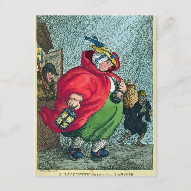 A midwife going to a labour, 1811 postcard (Front)