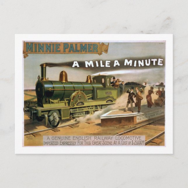 "A Mile a Minute" Vintage Theatre Train Postcard (Front)