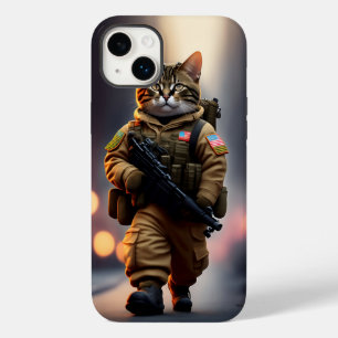 A military cat with a machine gun walking  with a  Case-Mate iPhone 14 plus case