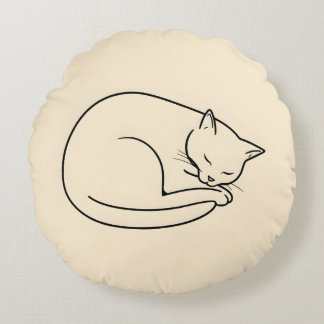 A Minimalist Line Art Drawing of a Sleeping Cat Round Cushion