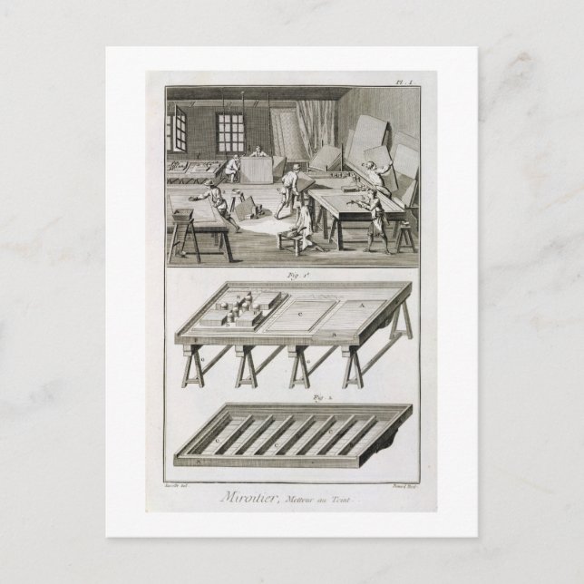 A mirror maker's workshop and tools, from the 'Enc Postcard (Front)