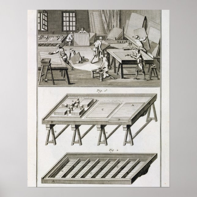 A mirror maker's workshop and tools, from the 'Enc Poster (Front)