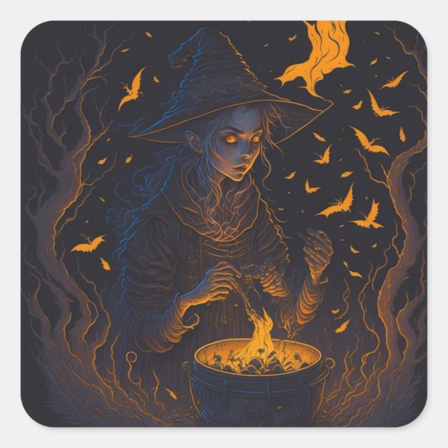 A mischievous witch stirring a cauldron of spells square sticker (Front)
