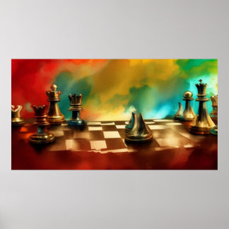 A modern abstract red teal gold chessboard figures poster