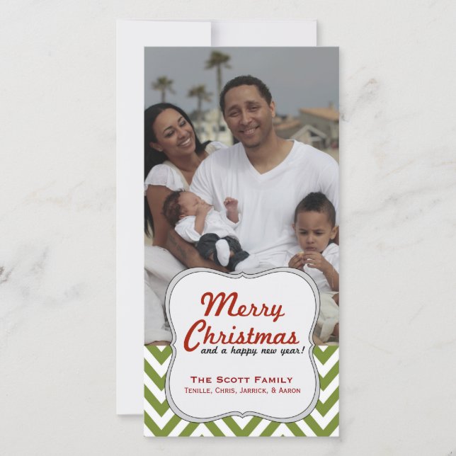 A Modern Green Chevron Family Photo Christmas Holiday Card (Front)