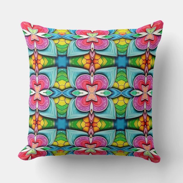 A modern multicolor all over fabric print pattern cushion (Front)