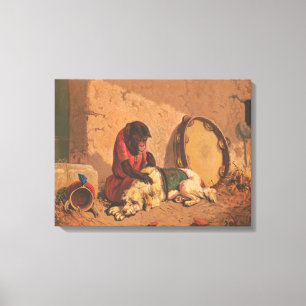 A Monkey And A Dog With A Large Tambourine Canvas Print