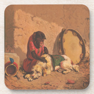 A Monkey And A Dog With A Large Tambourine Coaster