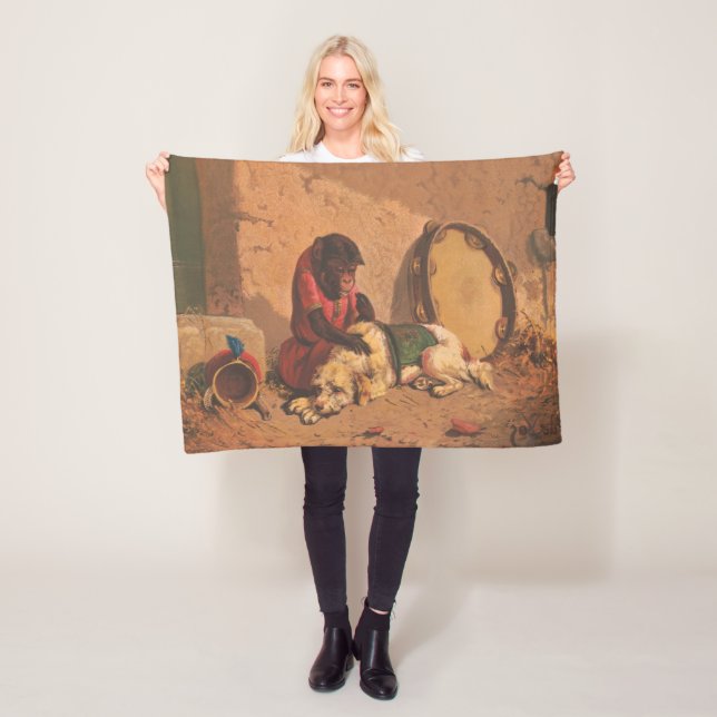 A Monkey And A Dog With A Large Tambourine Fleece Blanket (In Situ)