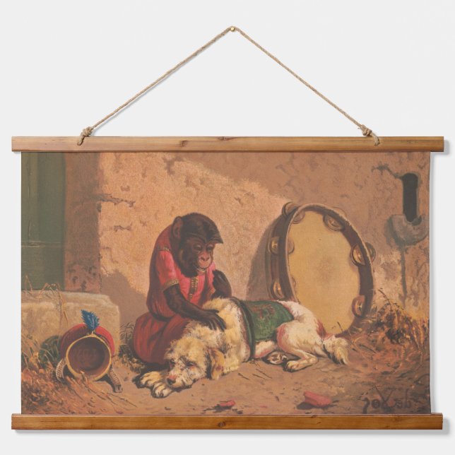 A Monkey And A Dog With A Large Tambourine Hanging Tapestry (Front)