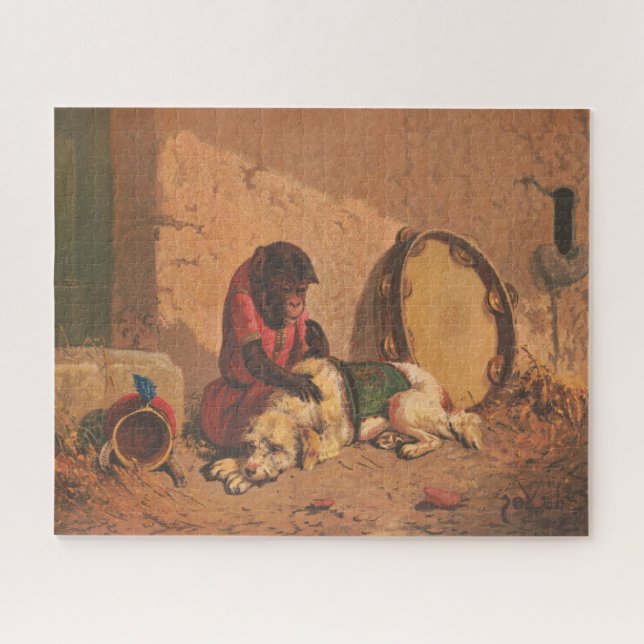 A Monkey And A Dog With A Large Tambourine Jigsaw Puzzle (Horizontal)