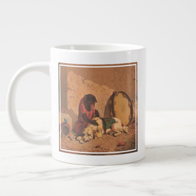 A Monkey And A Dog With A Large Tambourine Large Coffee Mug (Left)