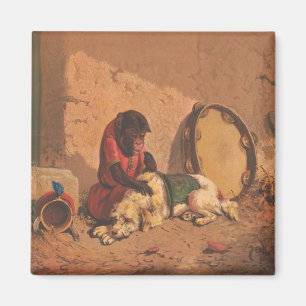 A Monkey And A Dog With A Large Tambourine Magnet