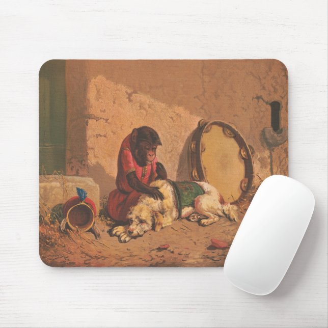 A Monkey And A Dog With A Large Tambourine Mouse Mat (With Mouse)
