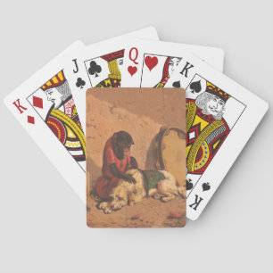 A Monkey And A Dog With A Large Tambourine Playing Cards