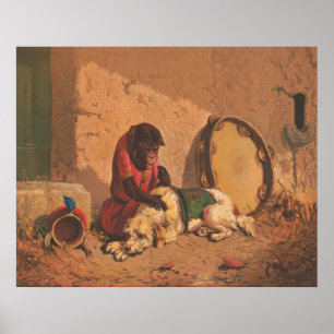 A Monkey And A Dog With A Large Tambourine Poster