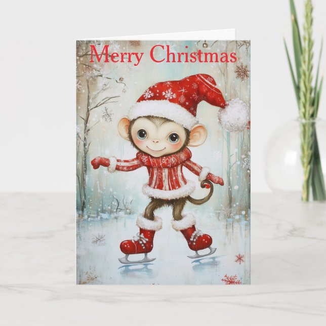 A Monkey Ice Skating Holiday Card (Front)