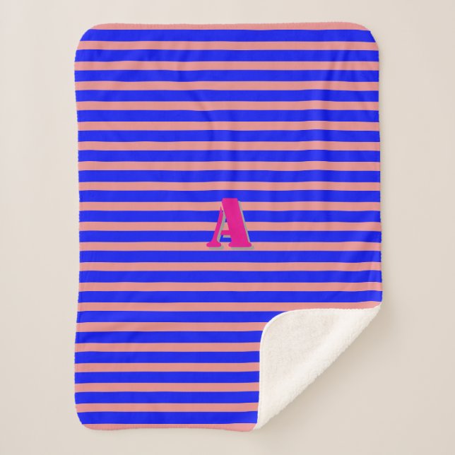 A Monogram Blue Pink Stripe Sherpa Blanket (Front)