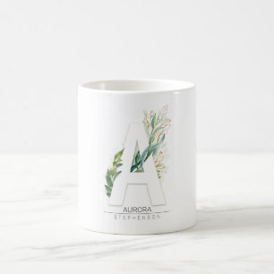 A Monogram Gold Greenery Leaves Elegant Name Coffee Mug
