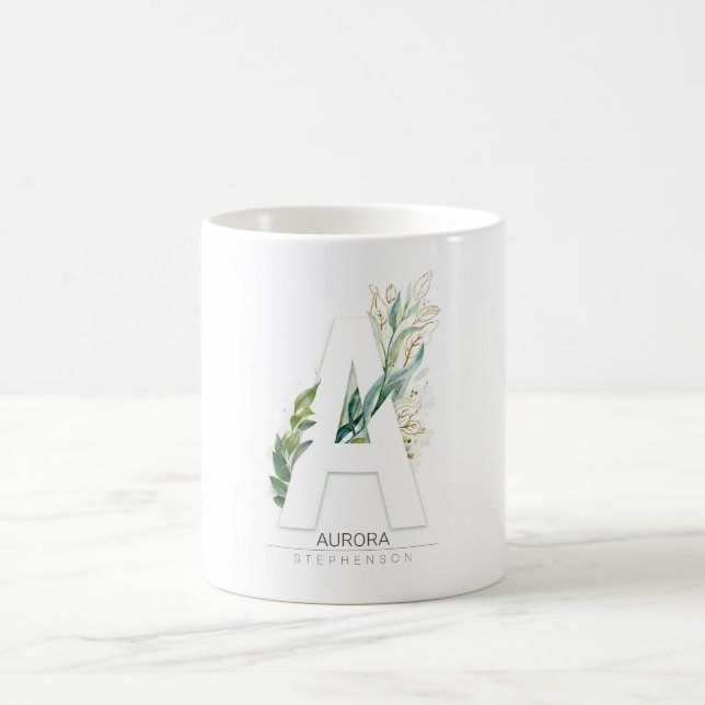 A Monogram Gold Greenery Leaves Elegant Name Coffee Mug (Center)