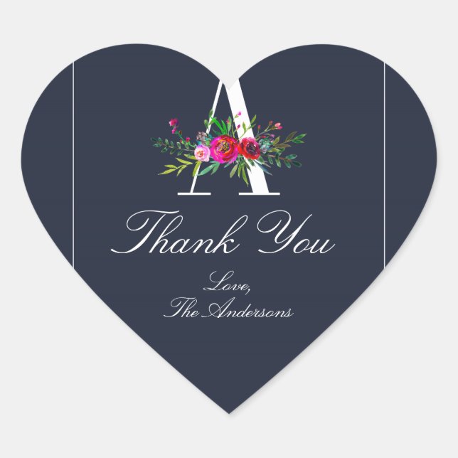 A Monogram Last Initial Modern Blue Floral Wedding Heart Sticker (Front)