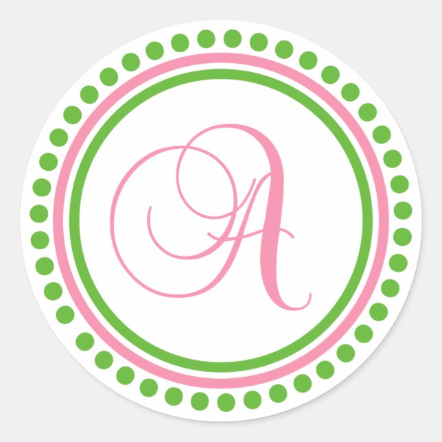 A Monogram (Light Pink / Green Dot Circle) Classic Round Sticker (Front)