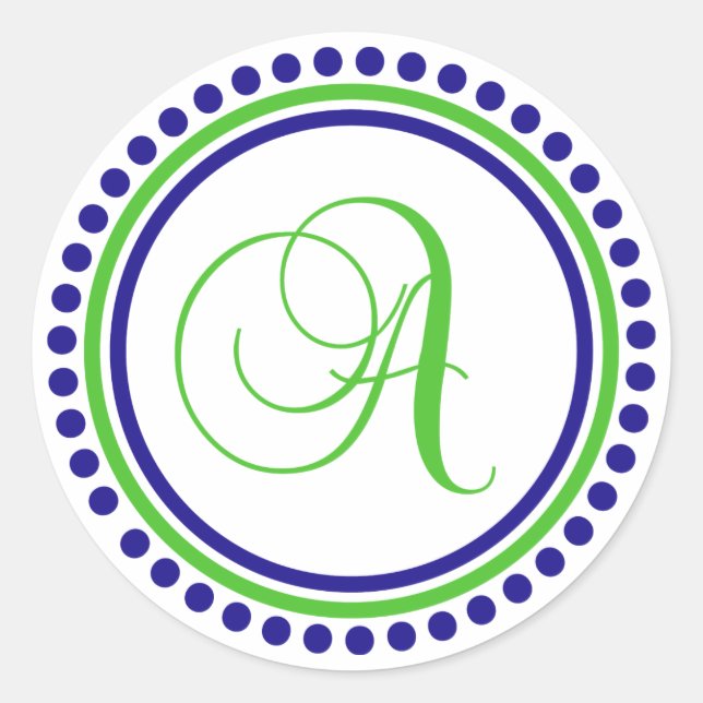 A Monogram (Navy Blue / Lime Green Dot Circle) Classic Round Sticker (Front)