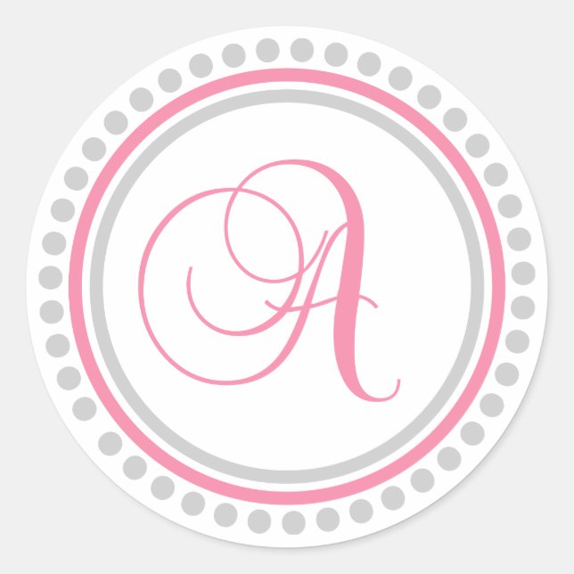 A Monogram (Pink / Silver Dot Circle) Classic Round Sticker (Front)