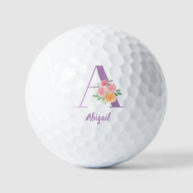 A Monogram Purple Floral Watercolor Personalised Golf Balls (Front)