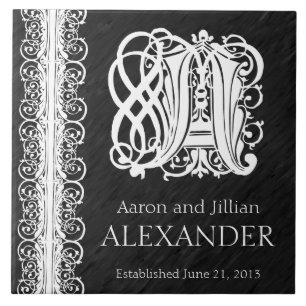 A Monogram "White Lace on Black" Wedding Tile