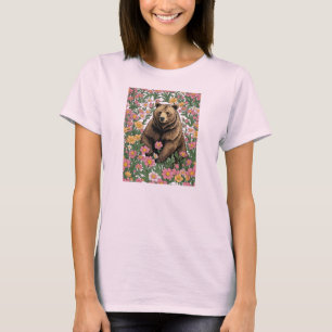 A Montana Bear Surrounded By Bitterroot Flowers T-Shirt