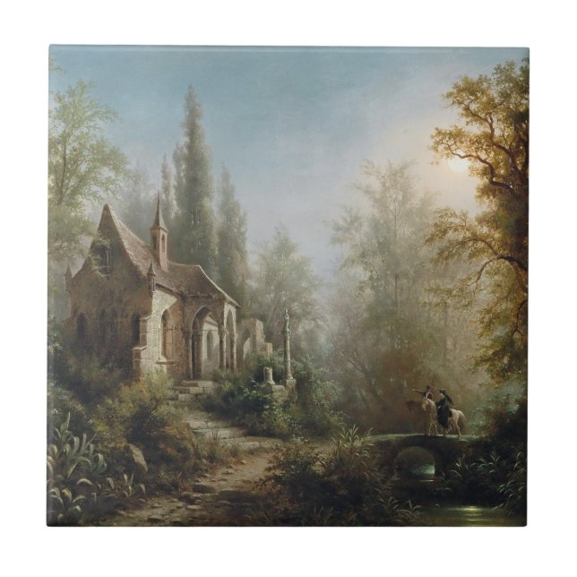 A Moonlit Night Over a Chapel and Riders - Rieger  Tile (Front)