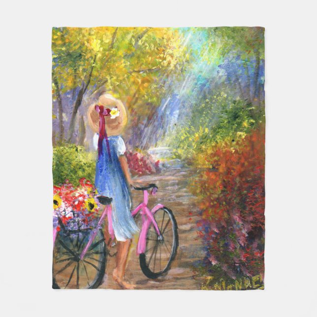 A Morning Bike Ride Art by Kathy Manuel Fleece Blanket (Front)