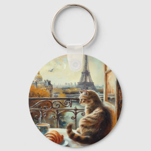 A Morning in Paris   Ginger Cat at a Cafe Key Ring