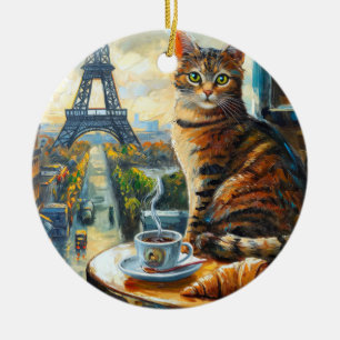 A Morning in Paris   Tabby Cat at a Cafe Ceramic Tree Decoration